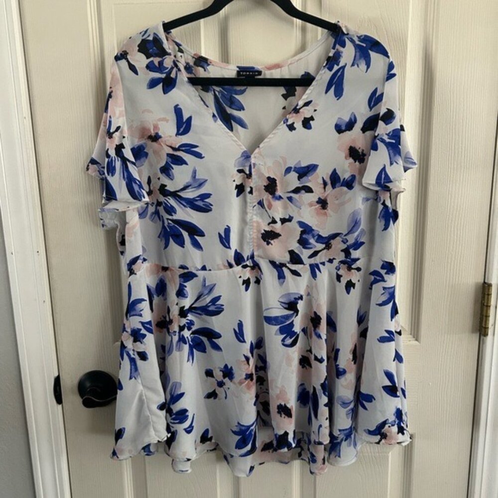 Torrid Floral Pink & Blue Semi-Sheer Peplum Blouse Sz 2X - Picture 2 of 15
